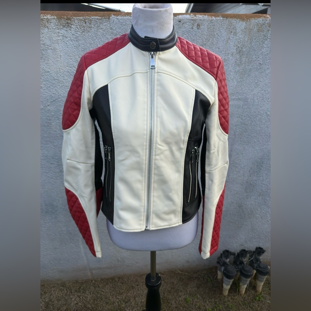 Zara Faux Leather Red Black Cream Biker Patchwork Jacket Women’s Small